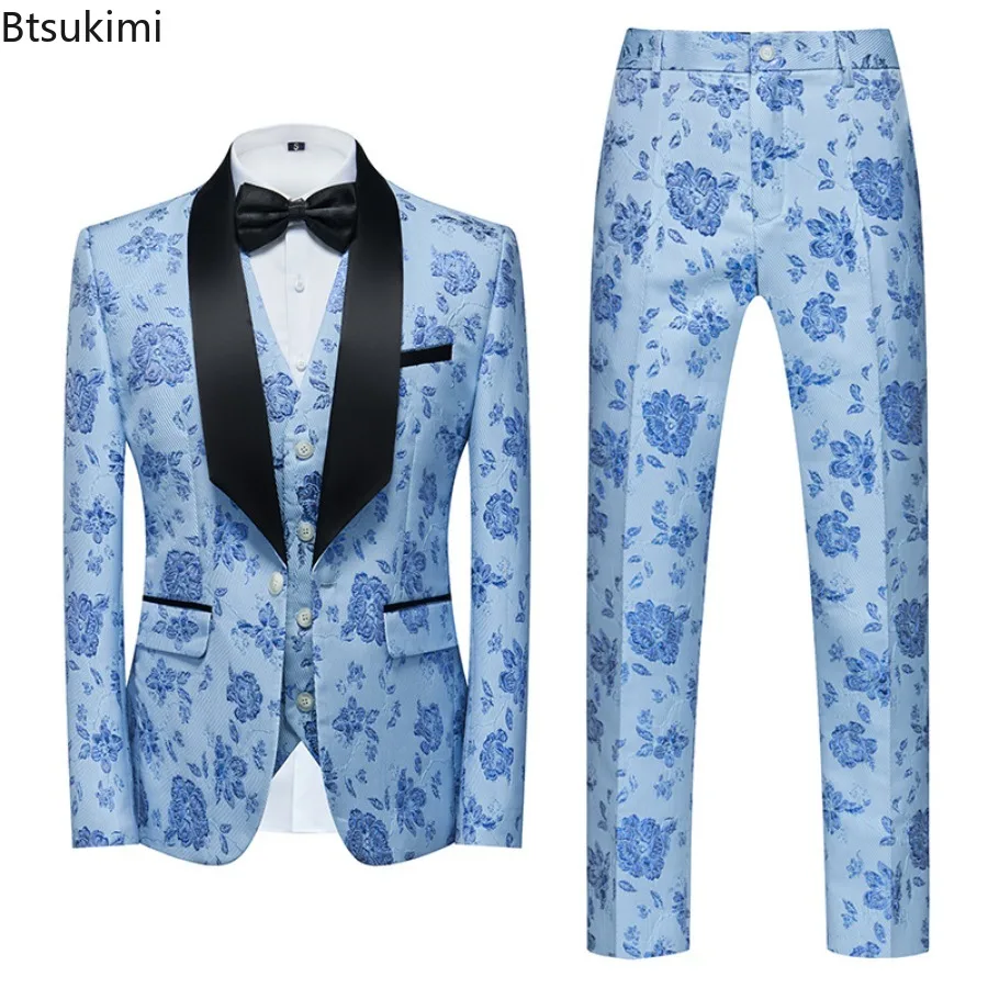 

New 2025 Men's 3D Print Floral Suit Sets High-end Jacquard Blazer+Vest+Pants Formal Three Pieces Men Party Wedding Groom Outfits