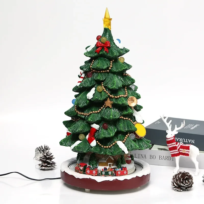 Christmas Tree Mini Train Ornament with Lights and Music Box Resin Hut Decoration Holiday Gift for Home Desktop Display