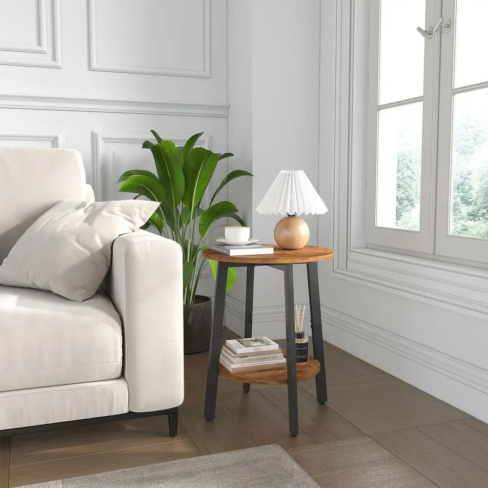 Side Table, Small Round End Table with Storage Shel or Small Space, 2-Tier Bede Table Soa Couch Table, Round Accent Table Nighst