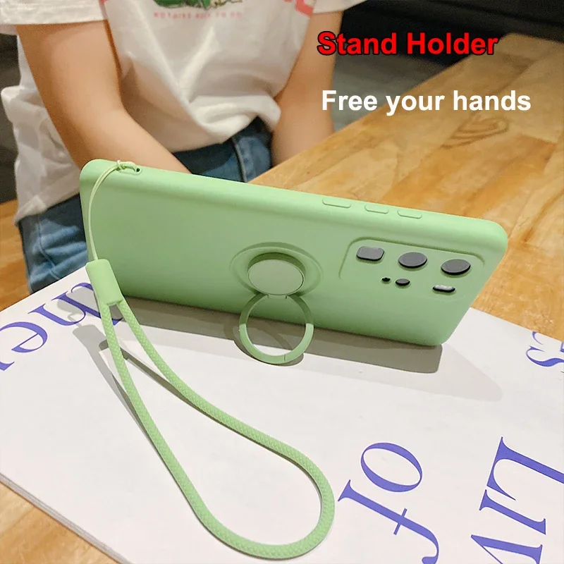 for OPPO Find X3 Neo Reno 5 Prp Plus 3 A91 F15 A31 2020 A8 A11 A9 A52 A72 A92 Case Liquid Silicon Matte Ring Holder Stand Cover