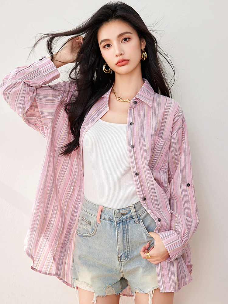 Pink Striped Shirt Women Loose Long Sleeved Button Up Blouse Autumn New Korean Style Ladies Streetwear Casual Shirts 2024