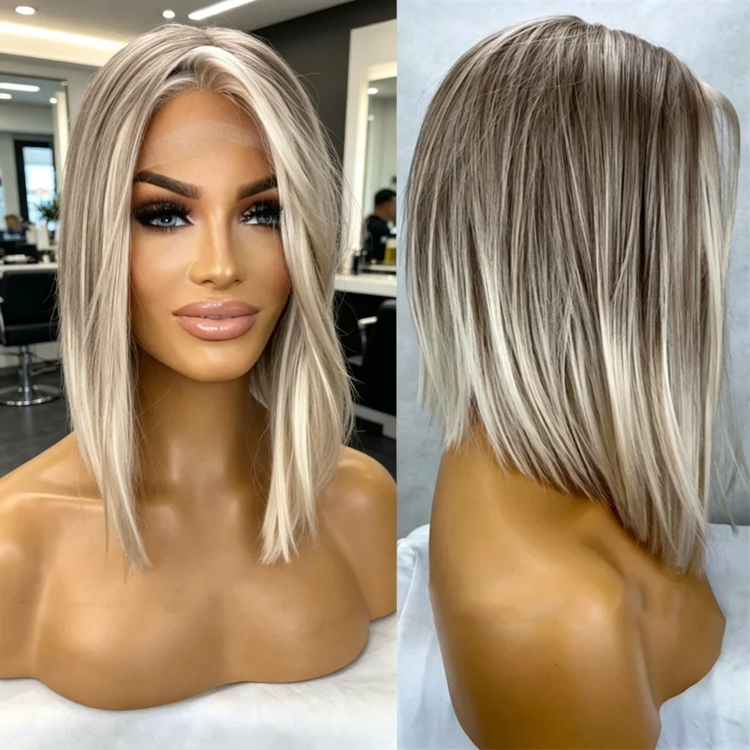 18Inch Ombre Blond Wave Natural HD Lace Wig for Women Bob Pre-Plucked Transparent Lace Frontal Versatile Hair Wig