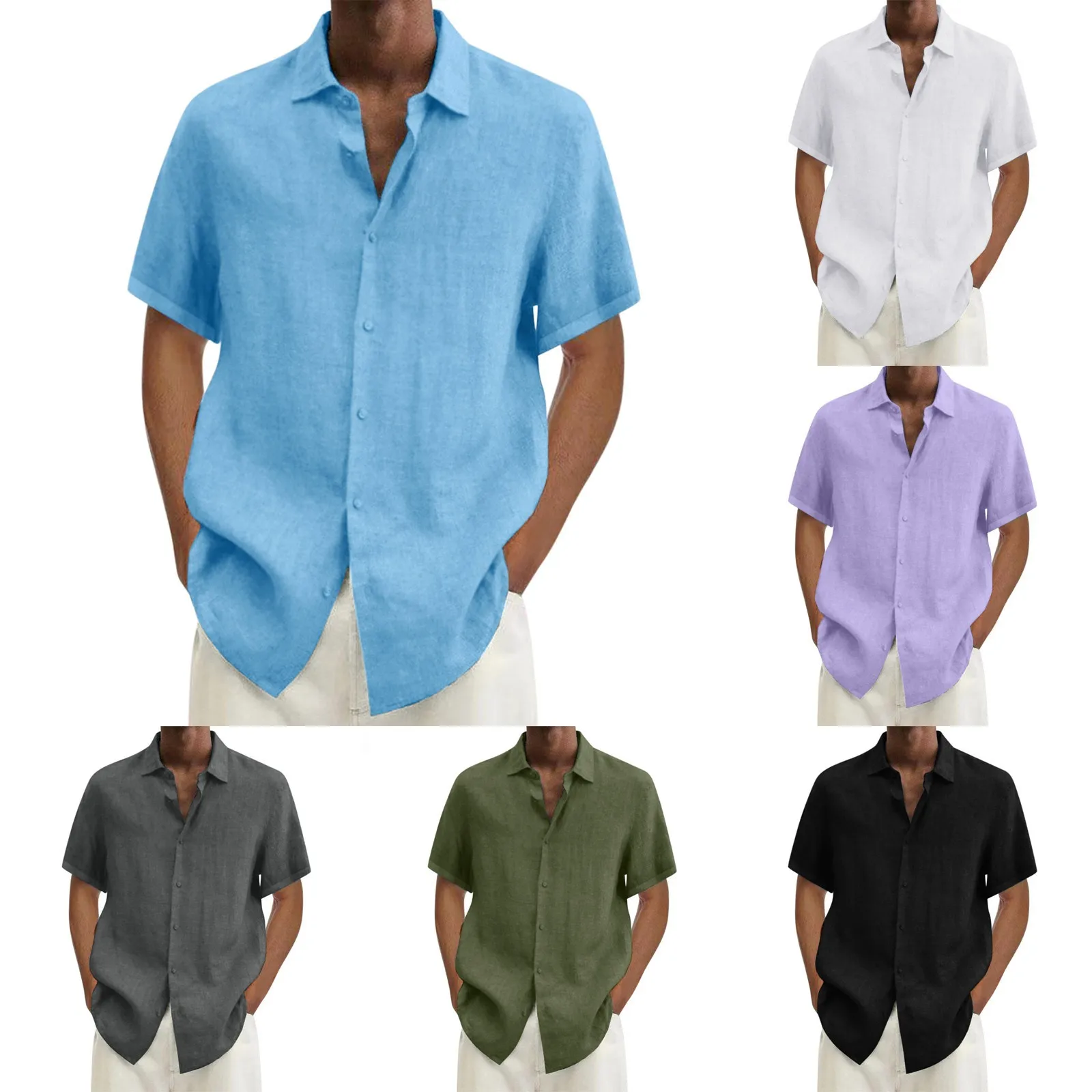 

2024 New Hot-Selling Men's Short-Sleeved Shirt Summer Solid Color Lapel Casual Beach Style Fashion High Street Top