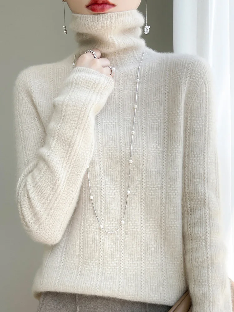 Autumn Winter Women Turtleneck Sweater 100% Merino Wool Hollow Long Sleeve Cashmere Knitwear Female Basic Jumper Korean Fashion