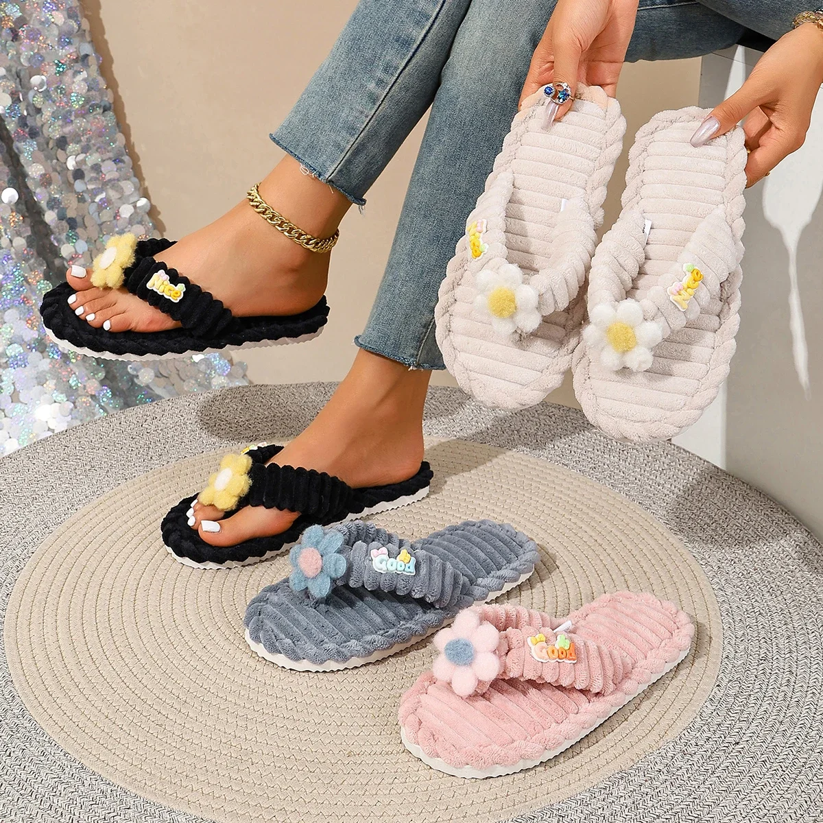 Women Cute Daisy Decor Fuzzy Flip Flops Soft Plush Flat Non Slip Indoor Bedroom Home Slippers Warm For Autumn Winter House Wear