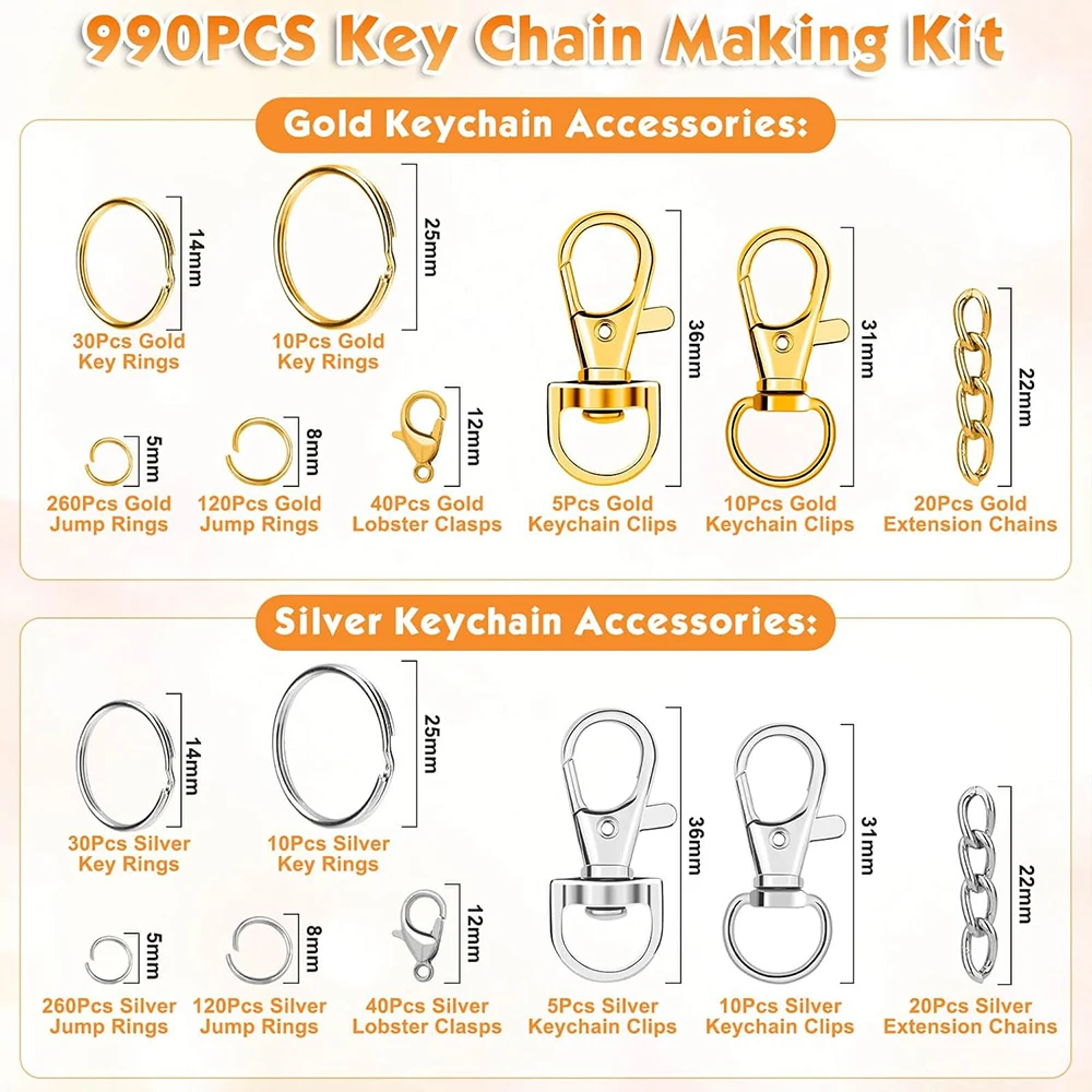 990PCS Keychain Making Kit Craft Supplies Including Key Chain Hooks Lobster Clasps Key Rings Jump Rings Jewelry Making Kit