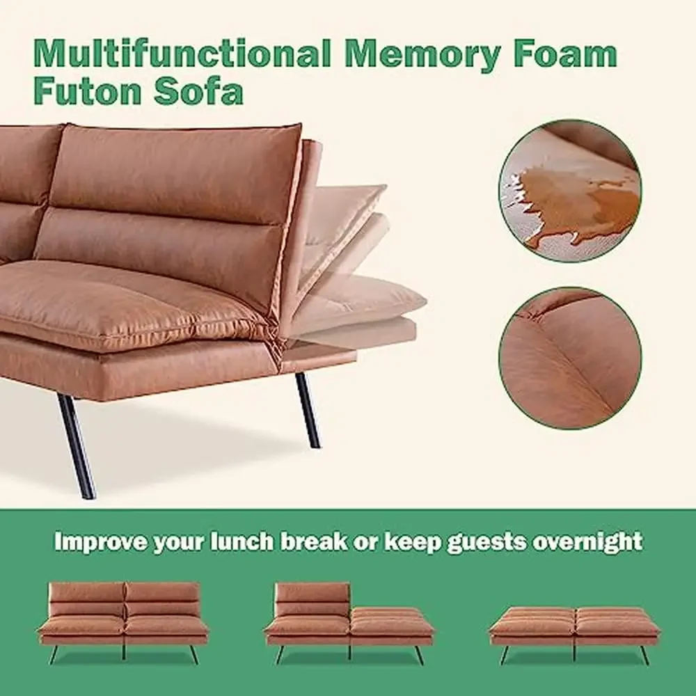 Modern Multifunctional Memory Foam Futon Sofa Bed Small Splitback Faux Leather Living Loveseat 71" L Apartment Studio Guest Room