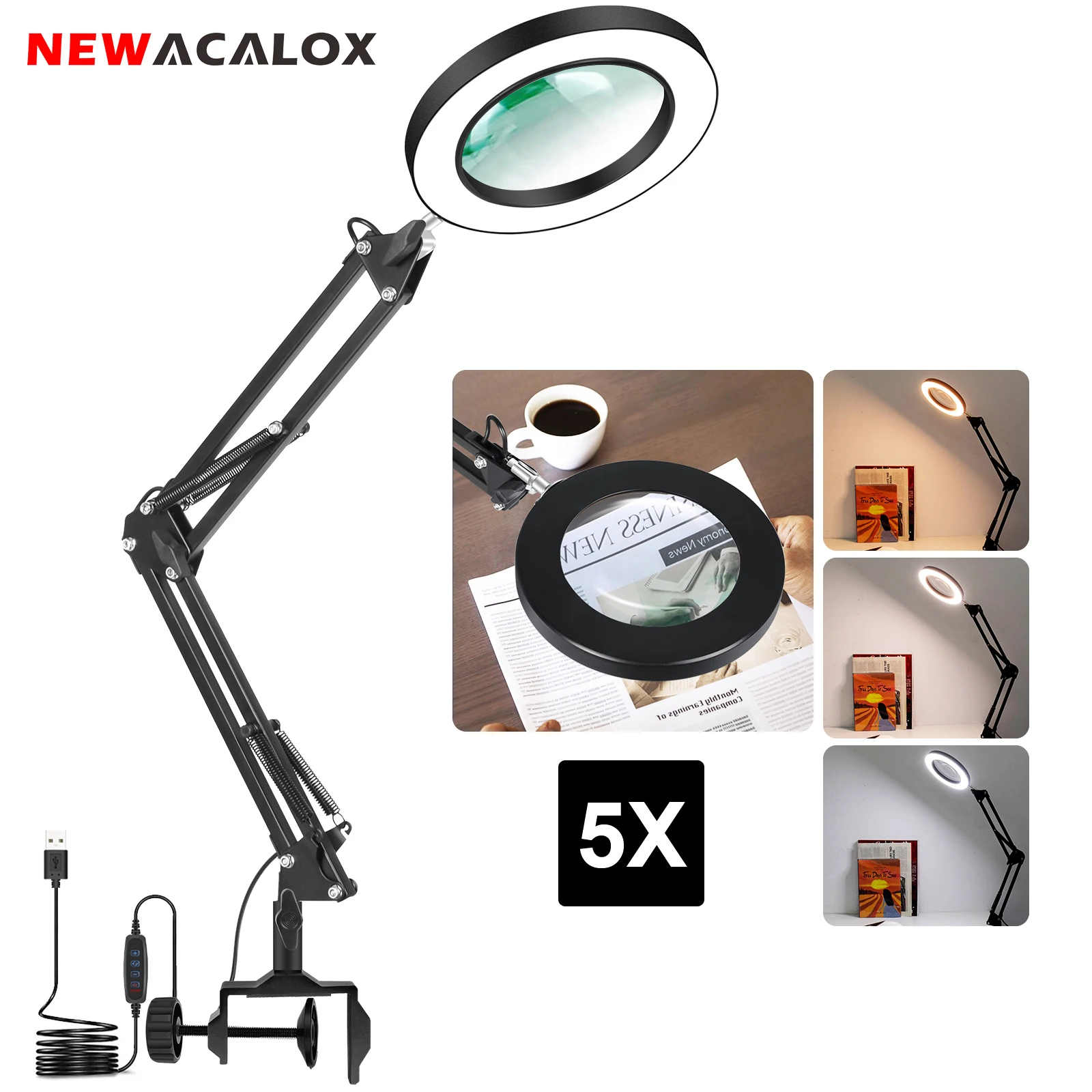 5X Magnifying Glass with Light and Stand  Magnifier Lamp with 3 Color Modes Stepless Dimmable LED Magnifying Lamp with Clamp