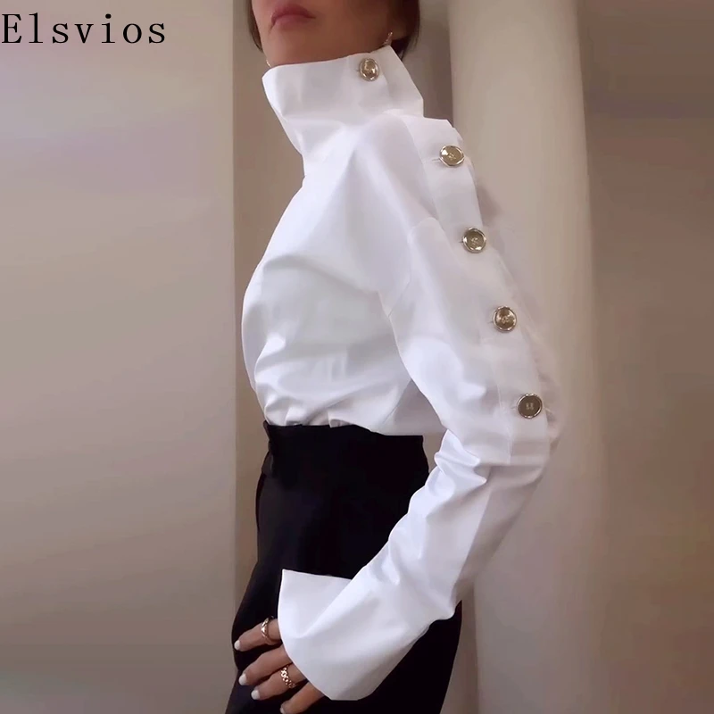 

Office Ladies One Shoulder Temperament Blouse 2025 Fashion Metal Button Slim Shirts Vestido Women New White Long Sleeve Tops