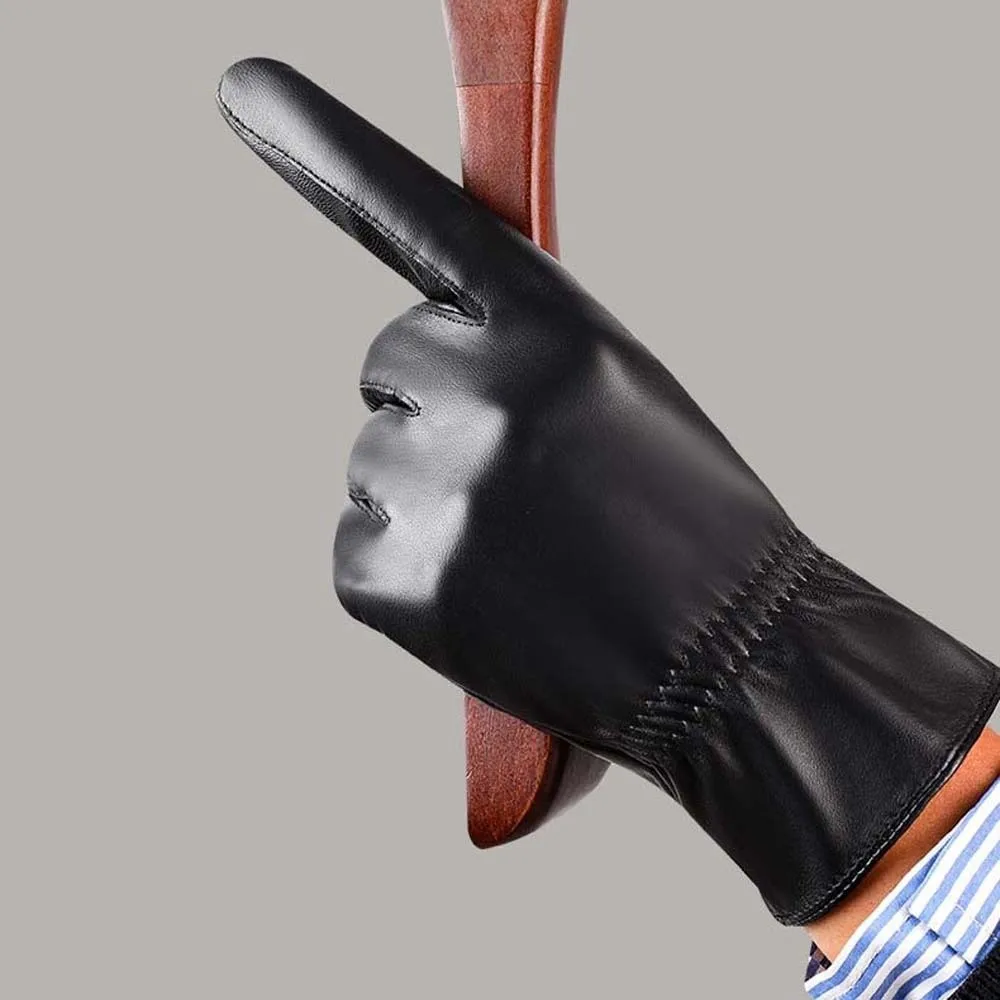 1pair Soft PU Anti-cold Gloves Solid Color Warmer Black Thickened Gloves Adjustable Waterproof Windproof Mittens Winter