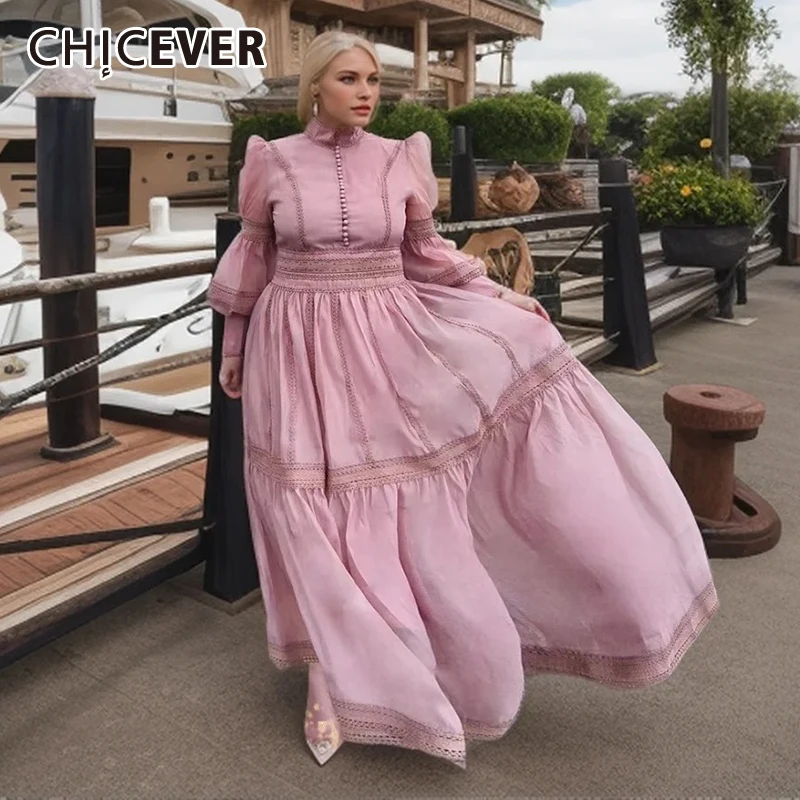 

CHICEVER Solid Temperament Patchwork Mesh Dress For Women Stand Collar Lantern Sleeve High Waist Loose Dresses Female Spring New