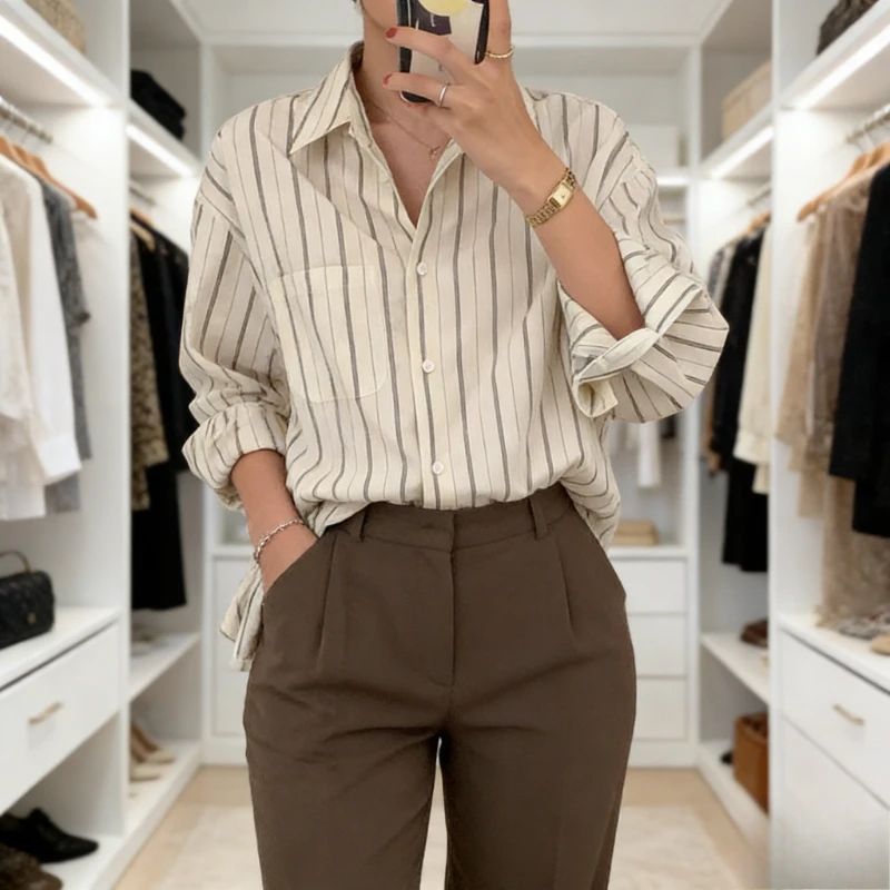 Chic Long Sleeve Casual Korean Style Stripe Shirt for Women Clothing Elegant Loose Blouse Button Up Simple Office Lady Shirts