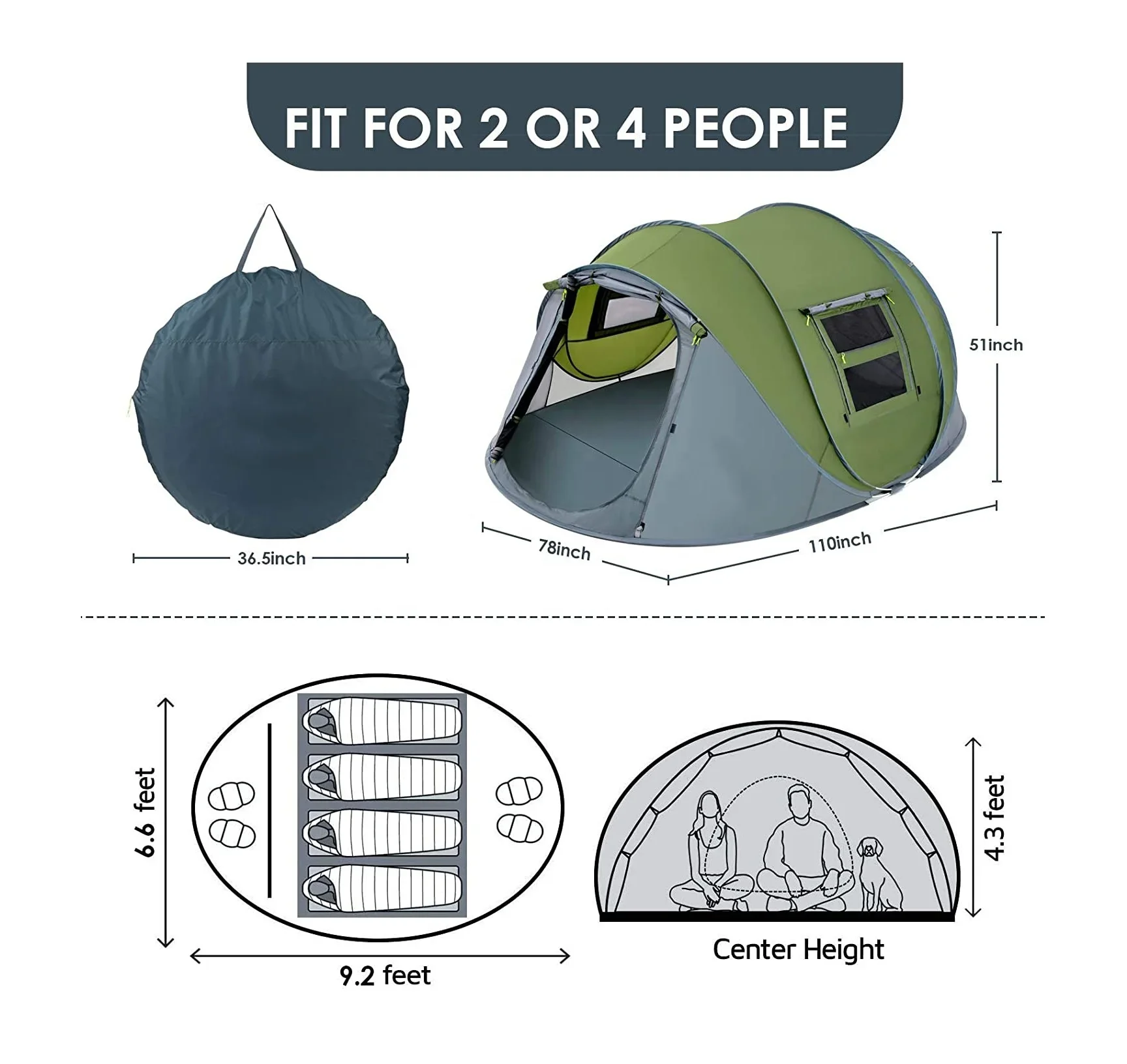 4 Person Easy Pop Up Tent Waterproof Automatic Setup 2 Doors-Instant Family Tents for Camping Hiking & Traveling