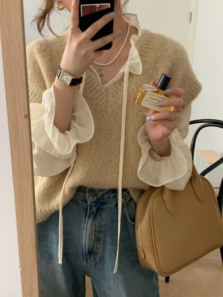 레트로 우드 에지 v 넥 시폰 셔츠 여성 봄 가을 디자인 감각 작은 관객 레이어링 기본 세련된 탑 얇은