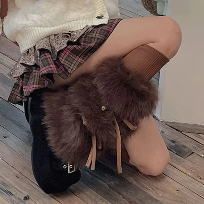 Y2K فو الأرنب الفراء تدفئة الساق الشتاء سميكة أفخم ربطة القوس فيونكة أفخم طماق الباردة واقية طماق واقي أحذية بلاستيك الجوارب فاسق