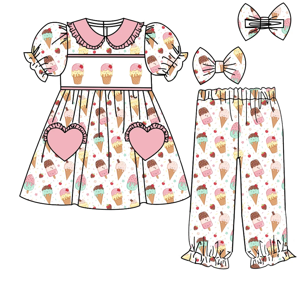 Valentine's Day New Style Heart and Flower Print Girls' Short-Sleeve Long Pants Pink Ruffled Neckline Delicate Pajama Set