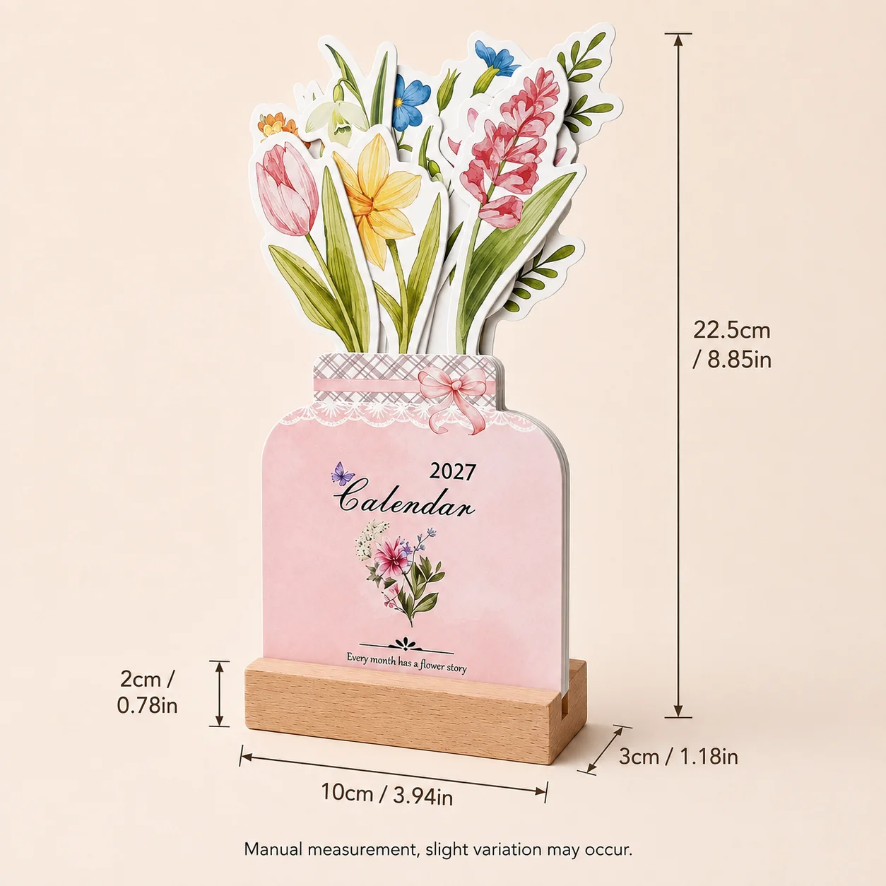 2027 Flower Desk Calendar 12 Month Desktop Calendar with Wooden Holder Cute Floral Planner Calendar for Home Office Table Decora