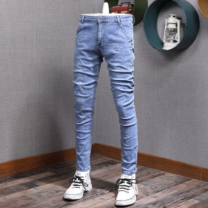 

Summer Thin Light Blue Jeans Men Casual Straight Slim Fit Pants Korean Style Mens Denim Trousers