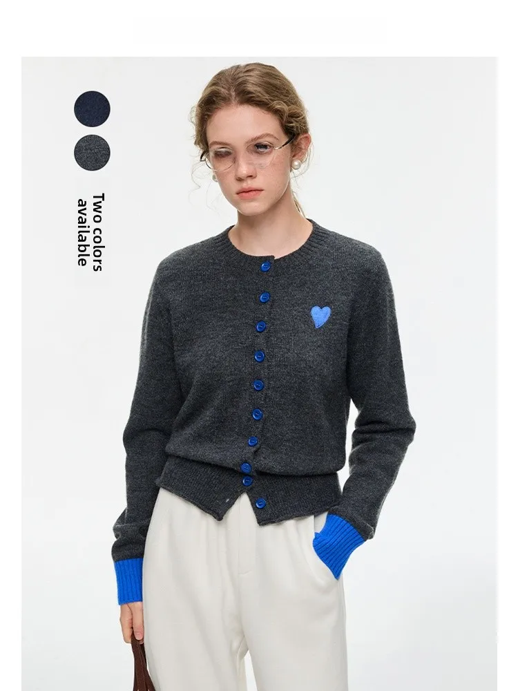 

VEGA CHANG женский вязаный кардиган, новинка 202, осень-зима, синий контрастный цвет, открытый кардиган с вышивкой High Sense Love