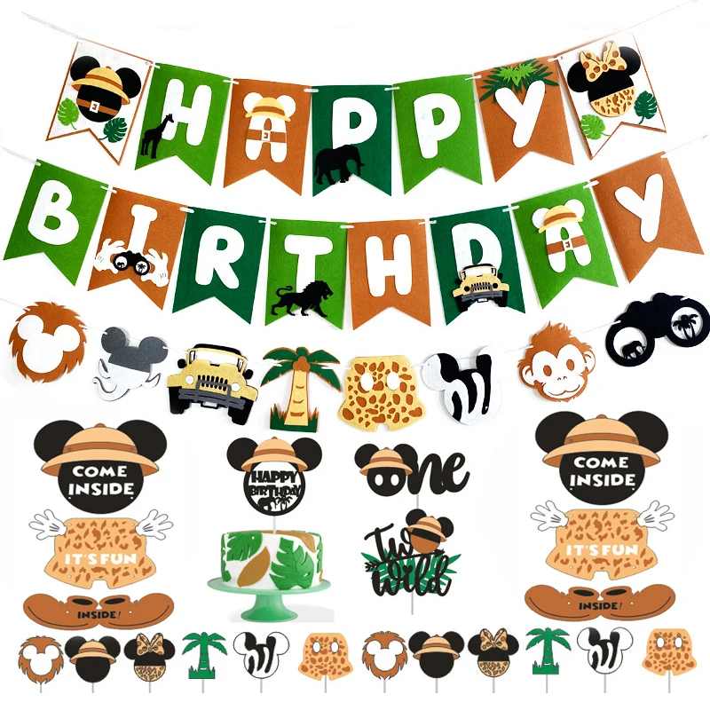 Disney Jungle Mickey Minnie Mouse Birthday Party banner cake topper Decoration for kid favor baby shower party Supplies Set