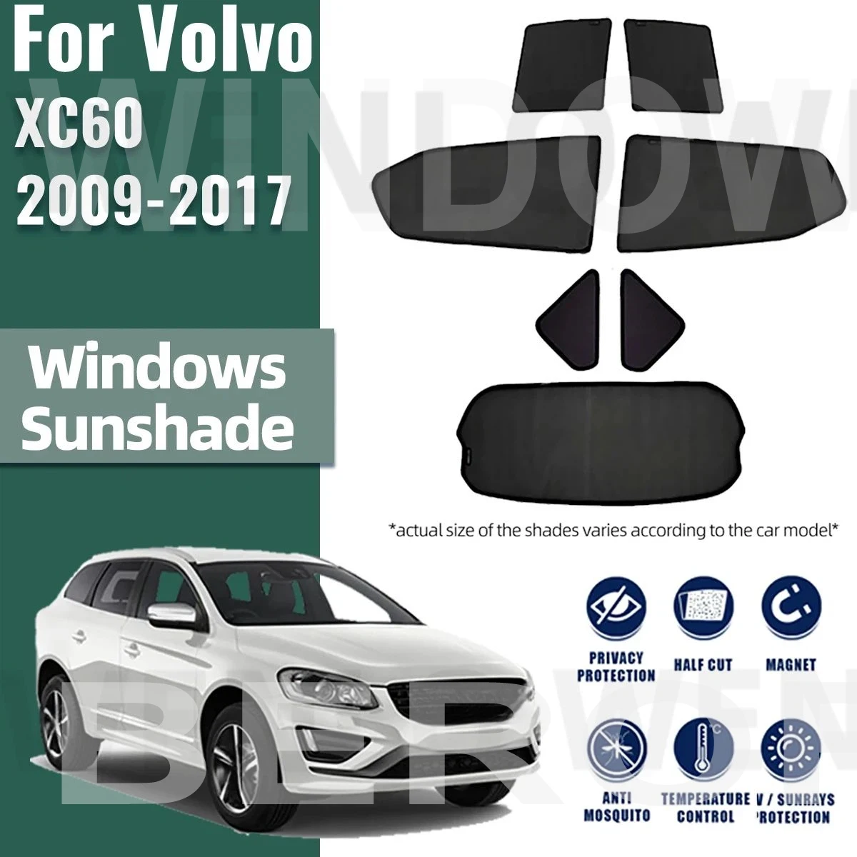 Для Volvo XC60 2009-2017: Магнитные солнцезащитные шторки на боковые окна, переднее и заднее ветровое стекло, защитные экраны-шторки