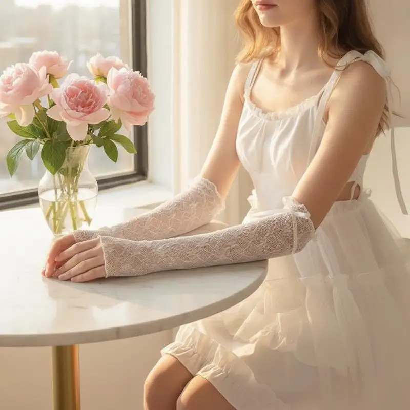 Fingerless Lace Ruffle Gloves Y2K Sheer Mesh Kawaii JK Lolita Mitten for Women Night Out Date Wear