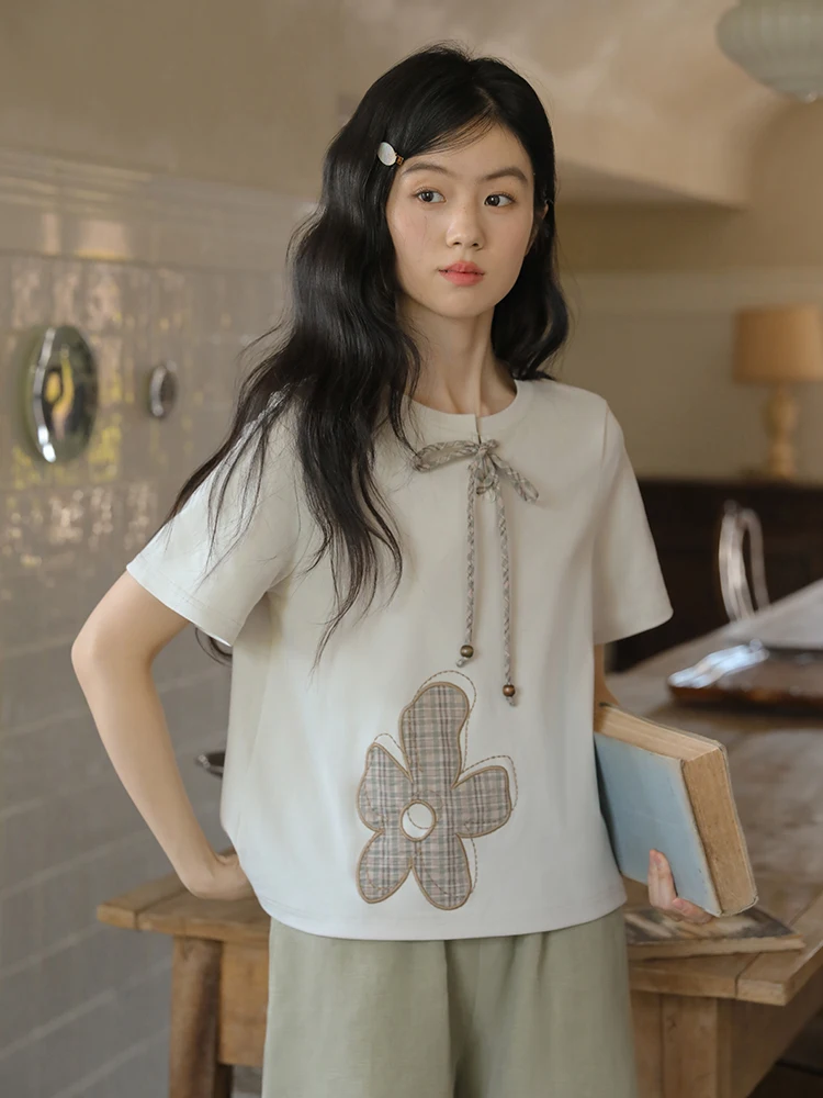 

Nesoulum Vintage een Patchwork ort Sve T-irt Women's Summer Artistic Loose Top Knot Casual Comfortable Tee