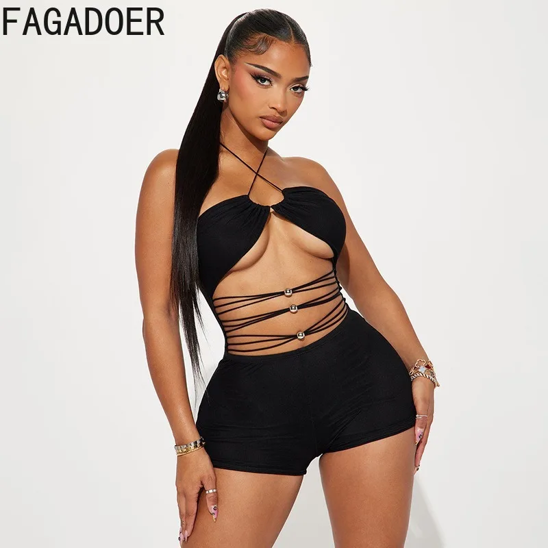 FAGADOER Sexy Hollow Out Bodycon Romper Women Halter Neck Backless Sleeveless   Jumpsuits Female Midnight Clubwear Overalls New