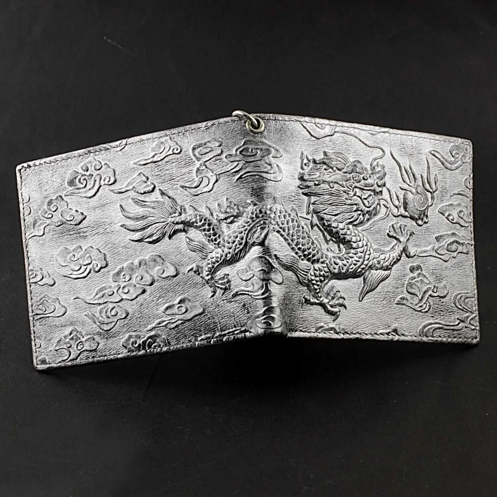 Punk Rock Biker Herren-Geldbörse mit Metallkette Retro Silberner Drache Geprägt Echtes Leder Diebstahlsichere Kettenbörse für Männer – Detail 3