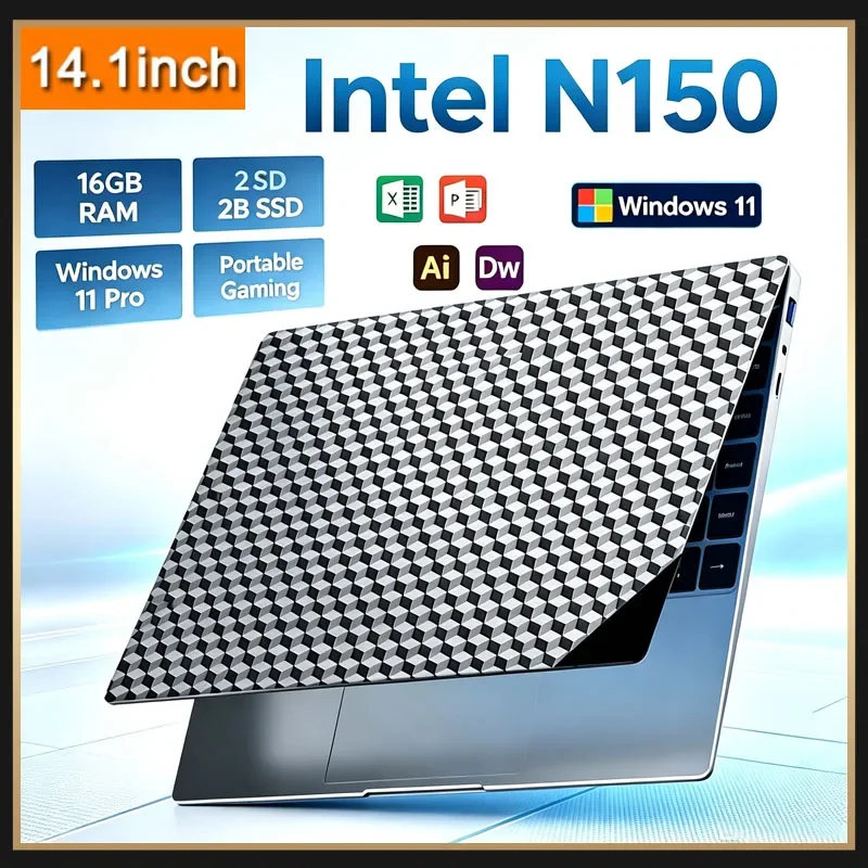 Windows 11 Pro 14.1 Inch Laptop Intel Core N150 32GB DDR4 2TB SSD Gaming Office Gamer Portable Notebook Computer PC