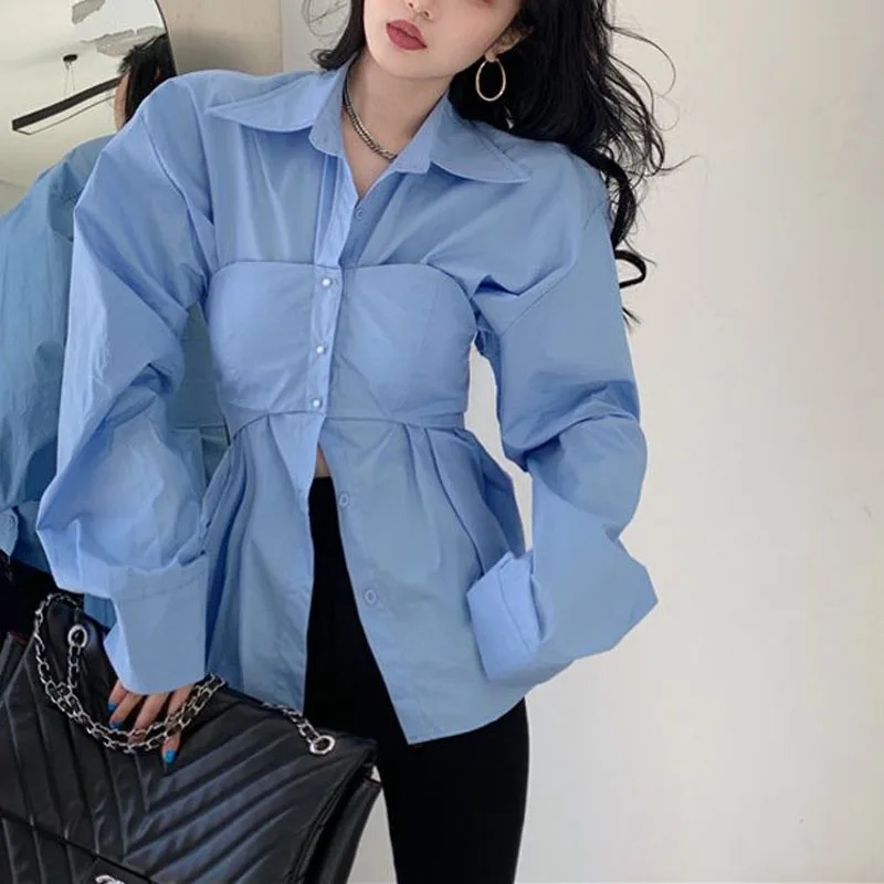 2023 New Spring and Autumn Fashion Solid Color Wrapped Chest Fake Two Piece Shirts Temperament Casual and Unique Women\'s Top