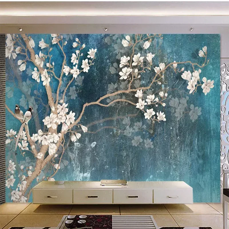 Custom Photo Wallpaper Modern Nordic Retro Blue Elegant Jade Orchid Mural Living Room Bedroom Background Wall Cloth 3D Fresco