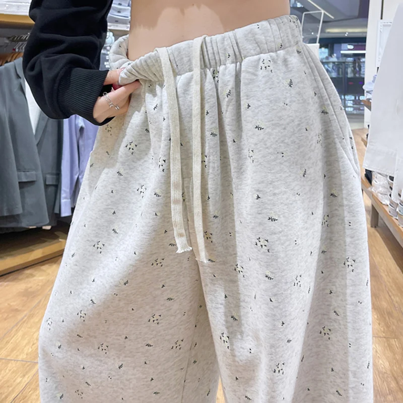 Harajuku floral cinza sweatpants feminino outono inverno estilo preguiçoso cordão perna larga calça coreano contrastante streetwear