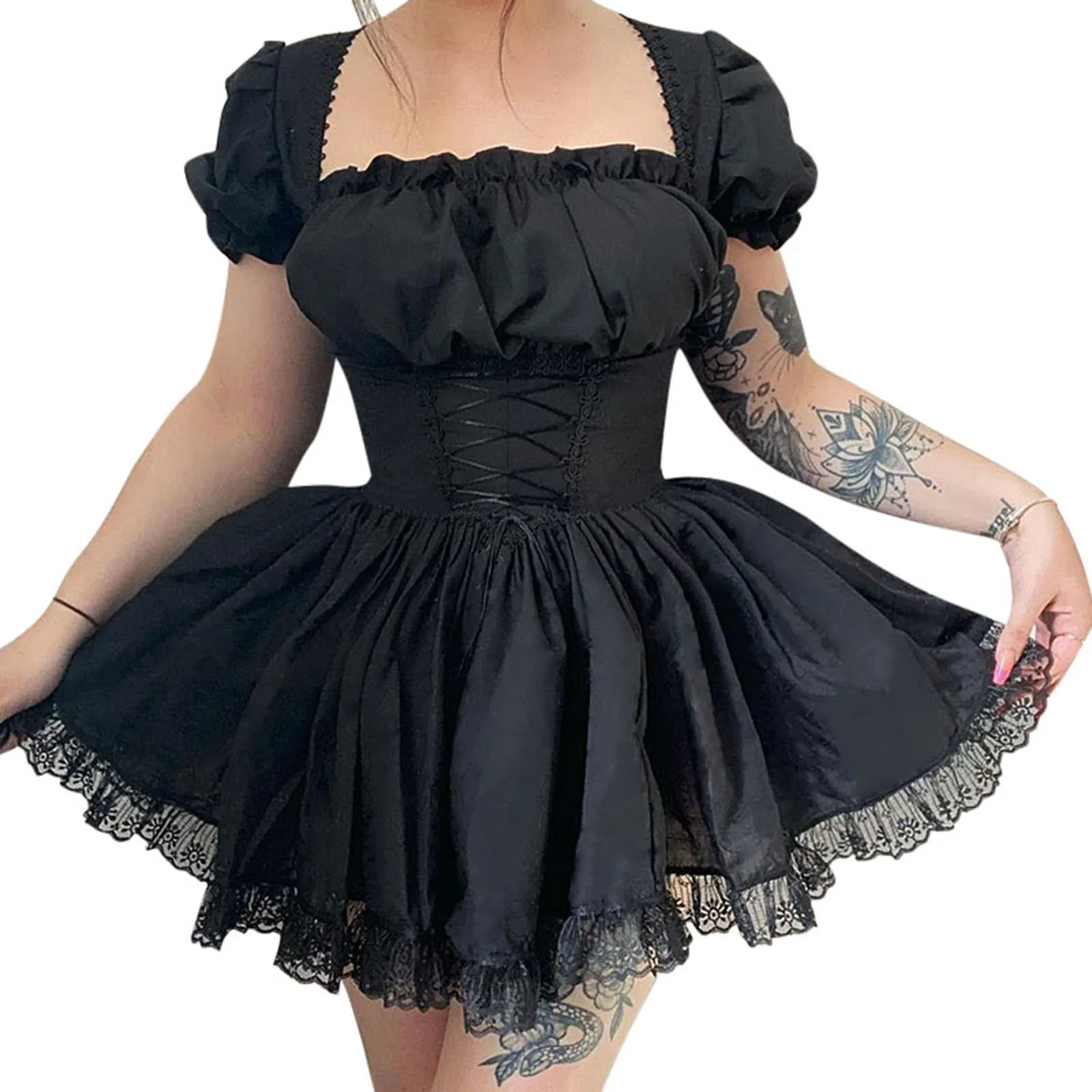 Sweet Puff Sleeve Dress Women Y2K Kawaii Lace Trim Partywear Lolita Cute Black White Princess Dress Elegant A-line Party Dresses