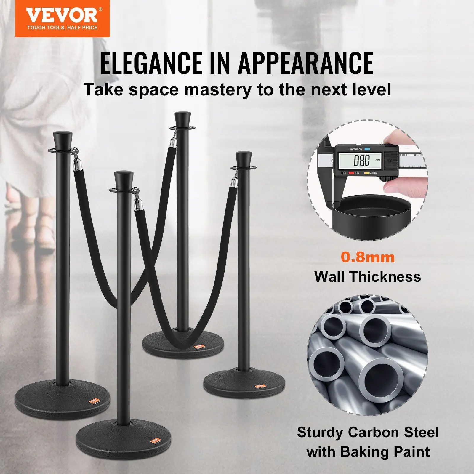 Stanchion Post with Velvet Rope, 6-Pack Crowd Control Stanchion with 6PCS 5FT Black Velvet Ropes