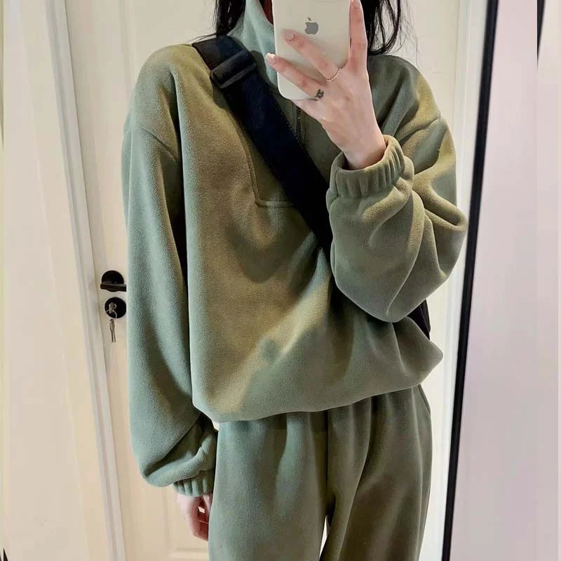 Autumn Winter Warm Fleece Sets Women 2 Pieces Fashion Lazy Loose Casual Pants Elegance Slimming Sports Zipper Pullover Set