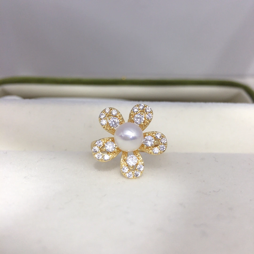 Natural Freshwater Pearl Ring Fashionable Flower Design Classic Jewelry Micro Inlaid Zircon Adjustable Hand Jewelry For Women