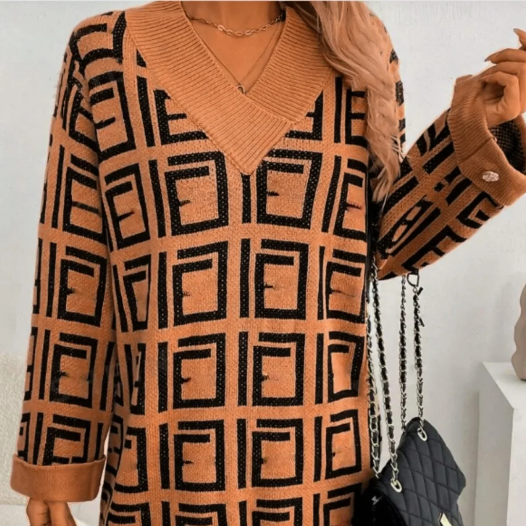 الخريف/الشتاء الخامس الرقبة بسيطة هندسية منقوشة نمط فستان سترة قصيرة غير رسمية مع زر أسفل الأكمام متوهج الملابس النسائية