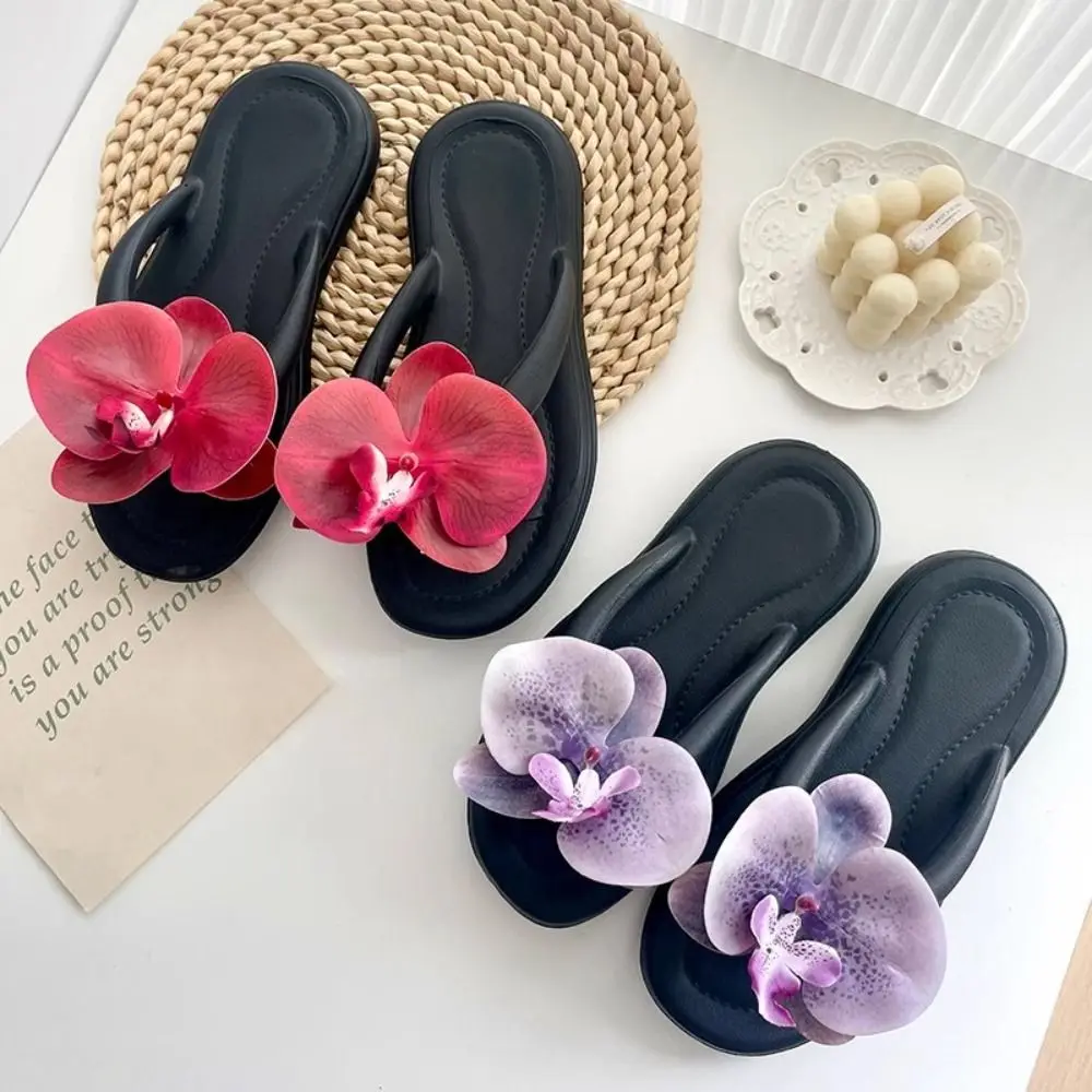 Повседневные летние тапочки с бабочкой и орхидеей, элегантные отпускные шлепанцы с цветочным принтом, нескользящие женские сандалии на открытом воздухе