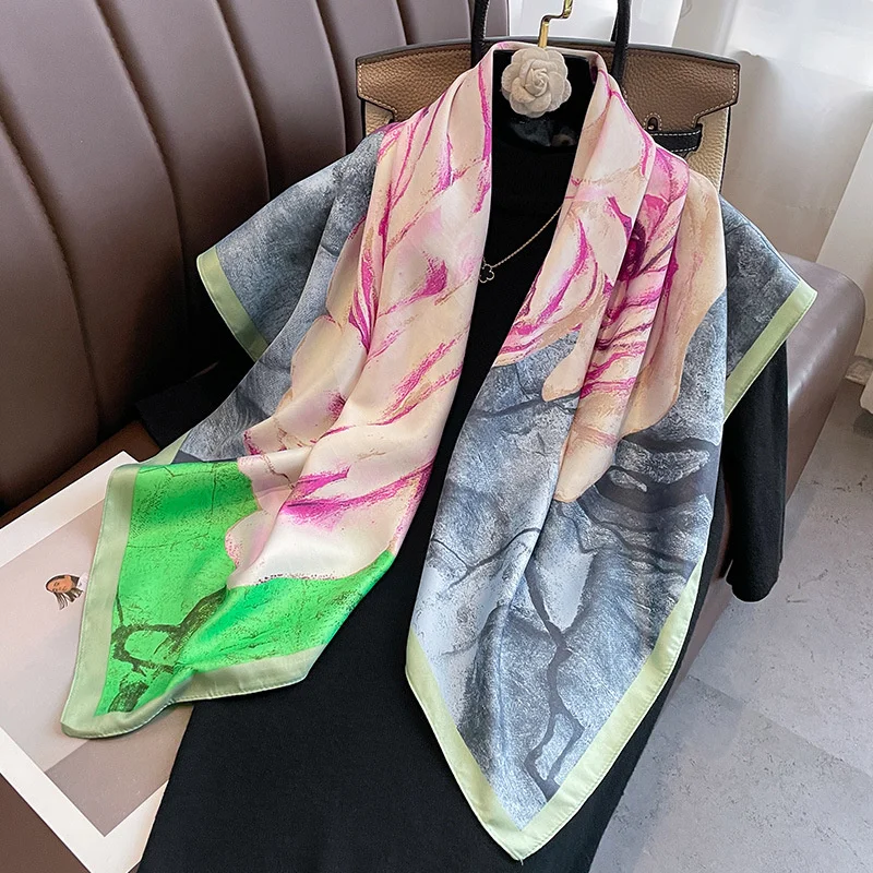 2024 Luxury Design 90X90CM Printed Women\'s Silk Stain Bandana Muffle Rectangle Shawl Square Collar Fashion Handkerchief Foulard