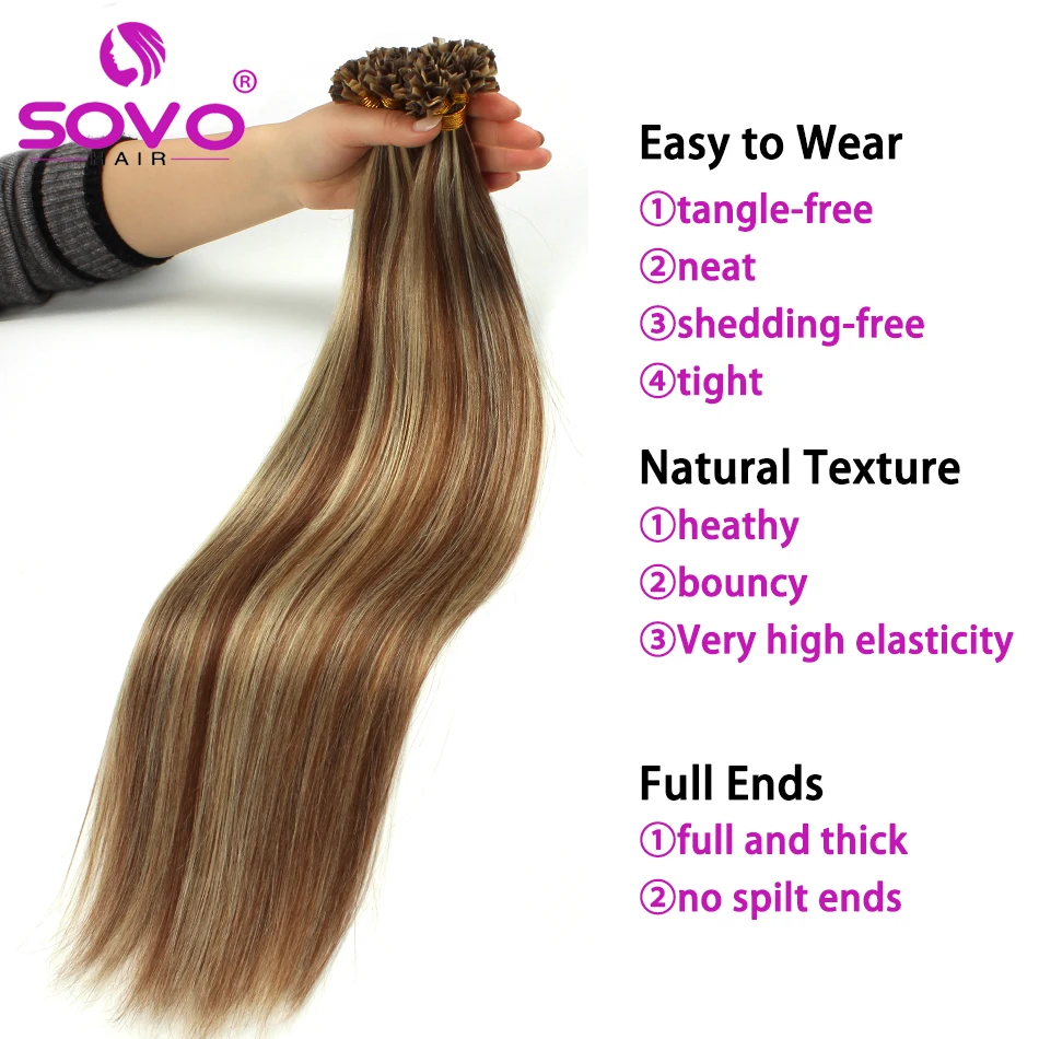SOVO V Tip Human Hair Extension Fusion Hair Silky Straight Dark Brown Pre Bonded V Shape Keratin Hair European Remy Hair