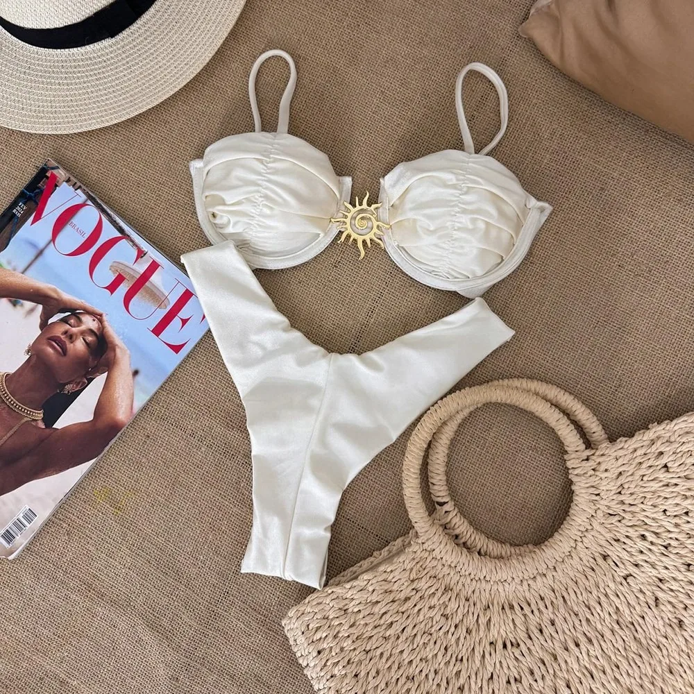 Women's Push Up Bikini Set With Underwire Bra, Two Piece Halter Swimwear, Sexy Plunge Bathing Suit With Molded Cups Brazilian2 P