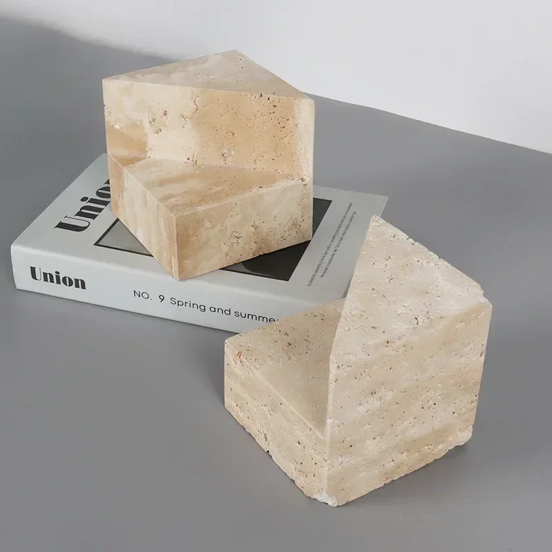 Natural Yellow Beige Travertine Marble Stone Bookends Book File Home Desktop Ornaments