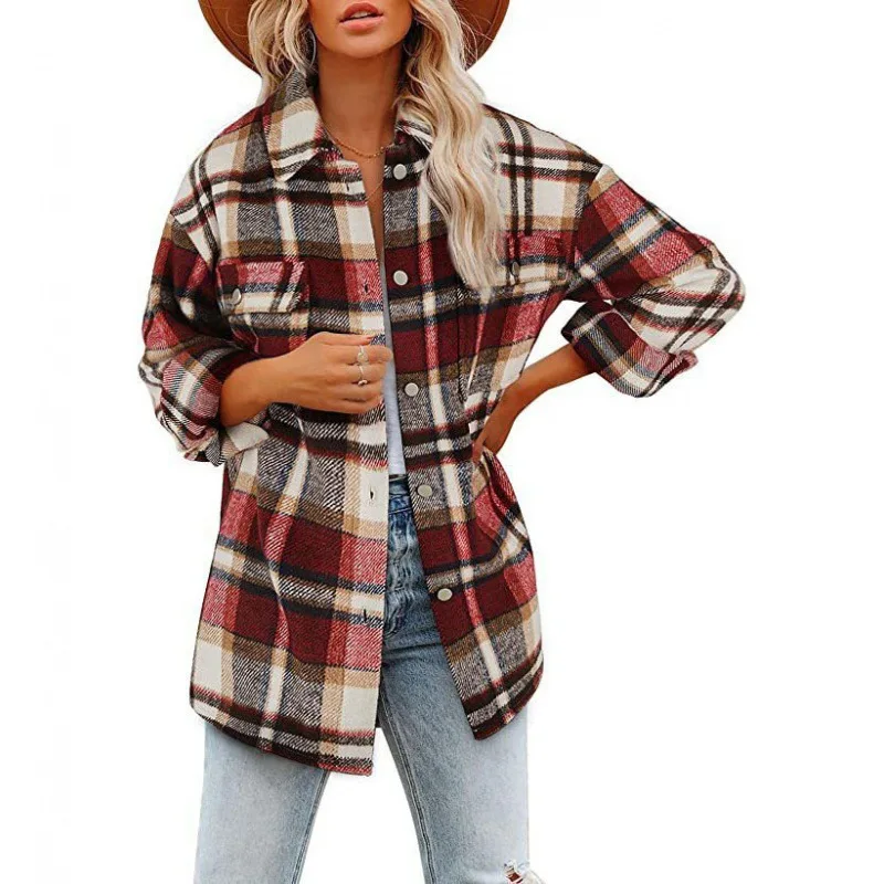 Women's Casual Woolen Plaid Shirt Jacket Tops Fall Winter Loose Flannel Button Long Sleeve Shirts Jacket Top Female Clothing