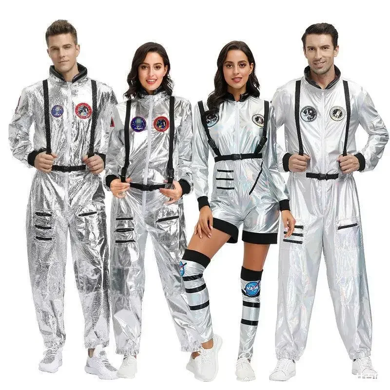 A Silver Astronaut Costume Couple Spaceman Astronaut Jumpsuit Flight Suit For Women Men Halloween Cosplay Adult Pilot Fancy Dres