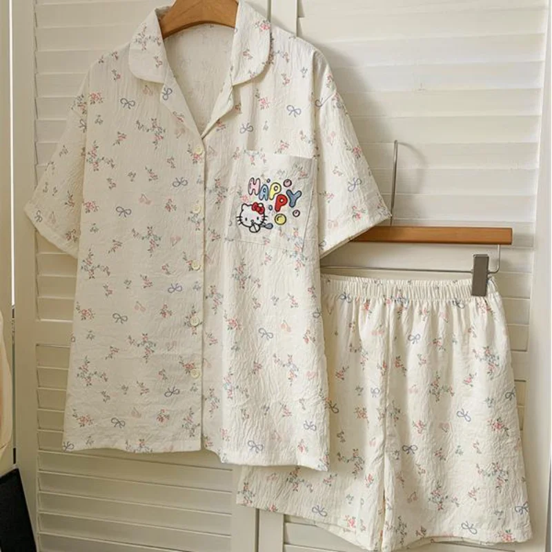 

Комплект пижам Sanrio Hello Kitty Y2K, летняя одежда для сна, шорты, пижама с короткими рукавами, ночная рубашка с рисунком Kawaii, женская пижама, домашний костюм