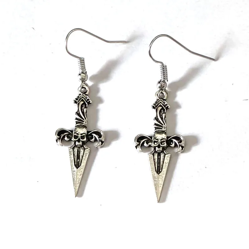 1pair Antique Silver Color Cute Vintage Skull Knife Earring for Women