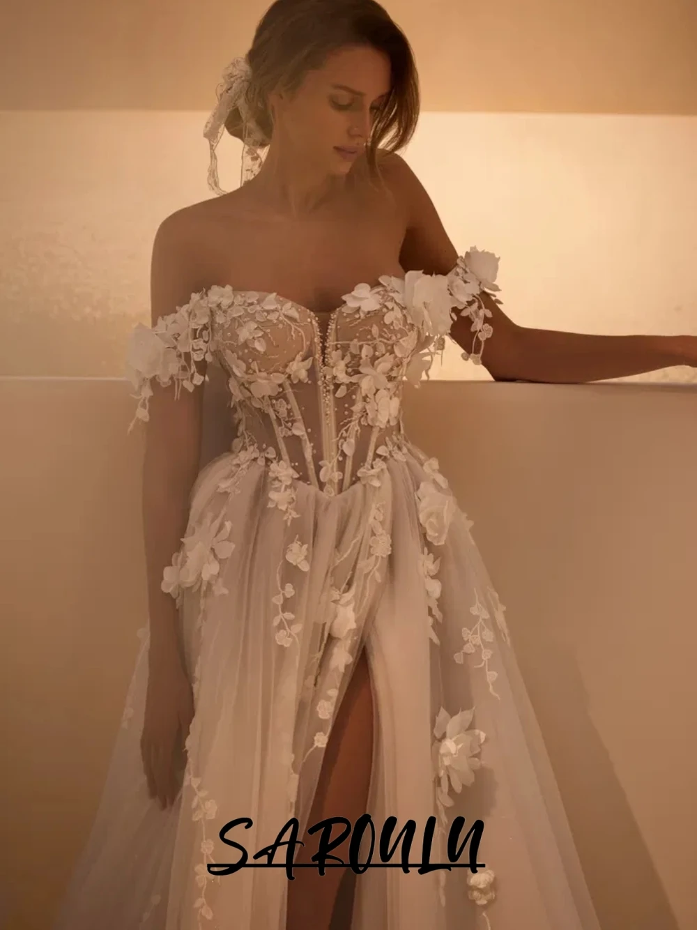 

Corset Fantasy A Line Wedding Dress, Destination Floral Appliques Romantic Bridal Gown, Modern Pearls Off Shoulder Bride Wear