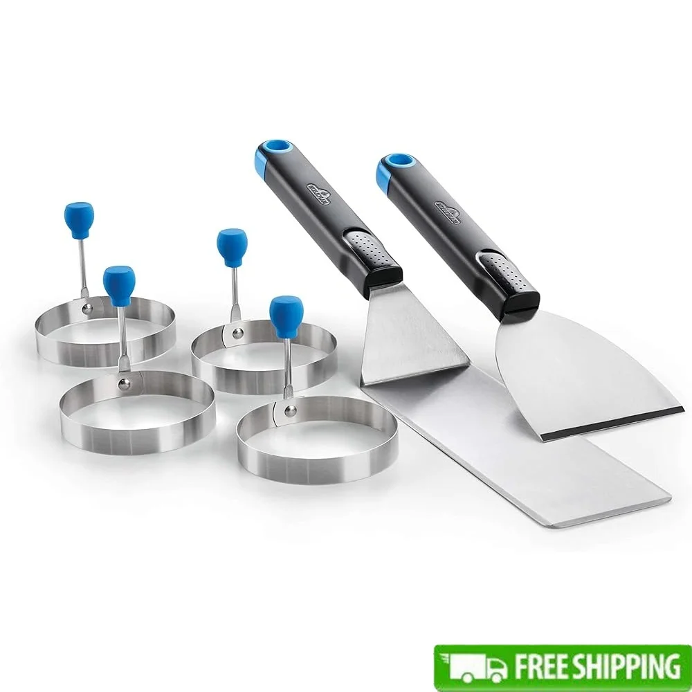 

BBQ Grill Accessory Set Breakfast Tool with Spatula Chopper Scraper 4 Durable Egg Rings Stainless Steel Cooking Utensils