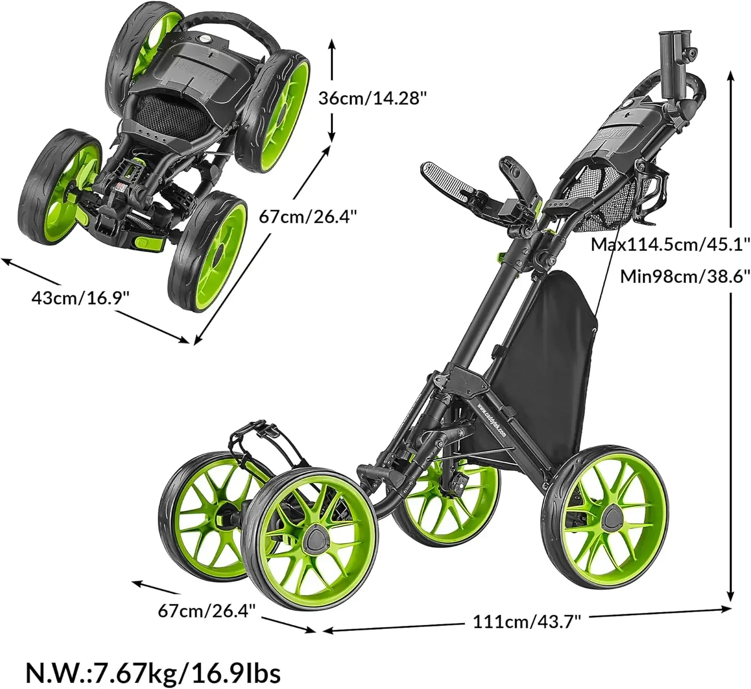 عربة دفع جولف ذات 4 عجلات - Caddycruiser إصدار واحد 8 عربة قابلة للطي بنقرة واحدة - عربة سحب خفيفة الوزن وصغيرة الحجم، سهلة الفتح